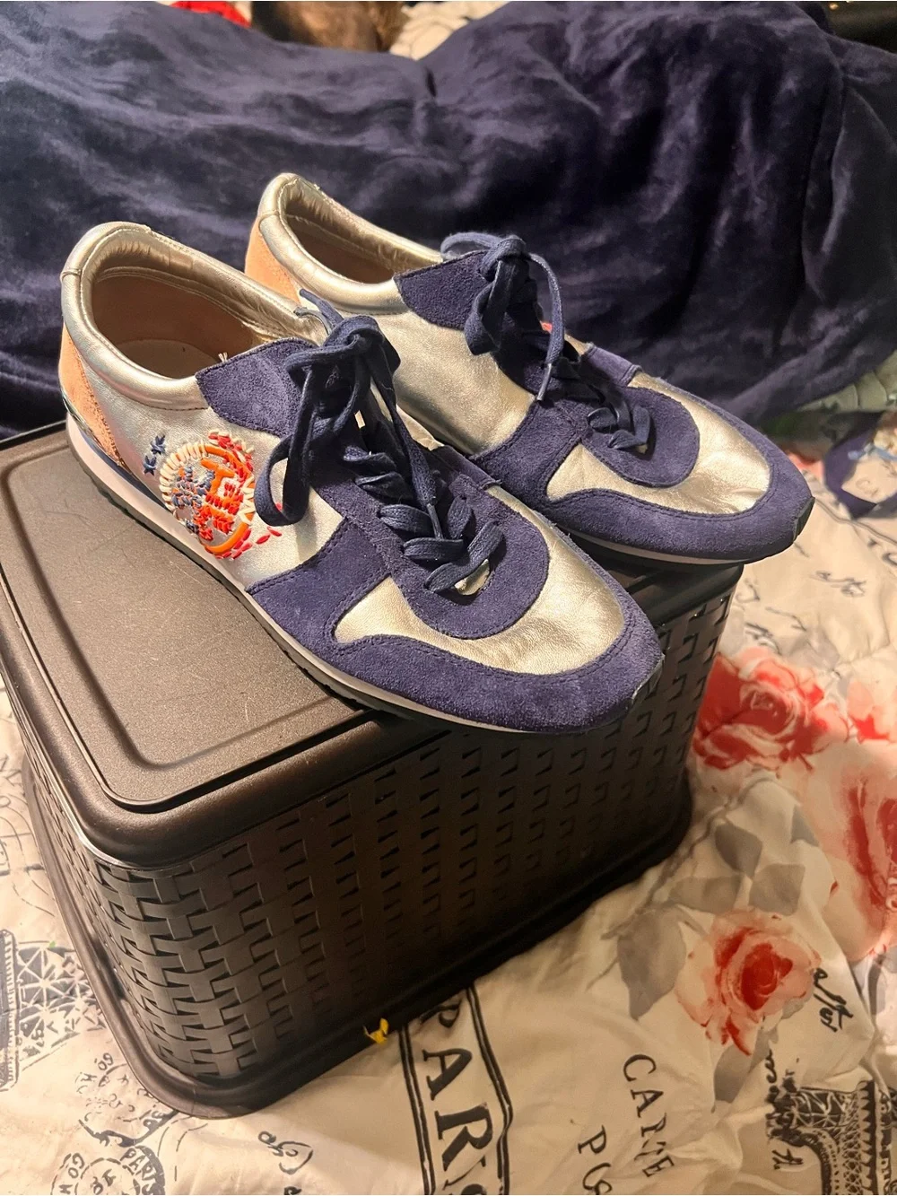 Tory Burch Navy, Silver and Tan Embroidered Athletic Sneakers